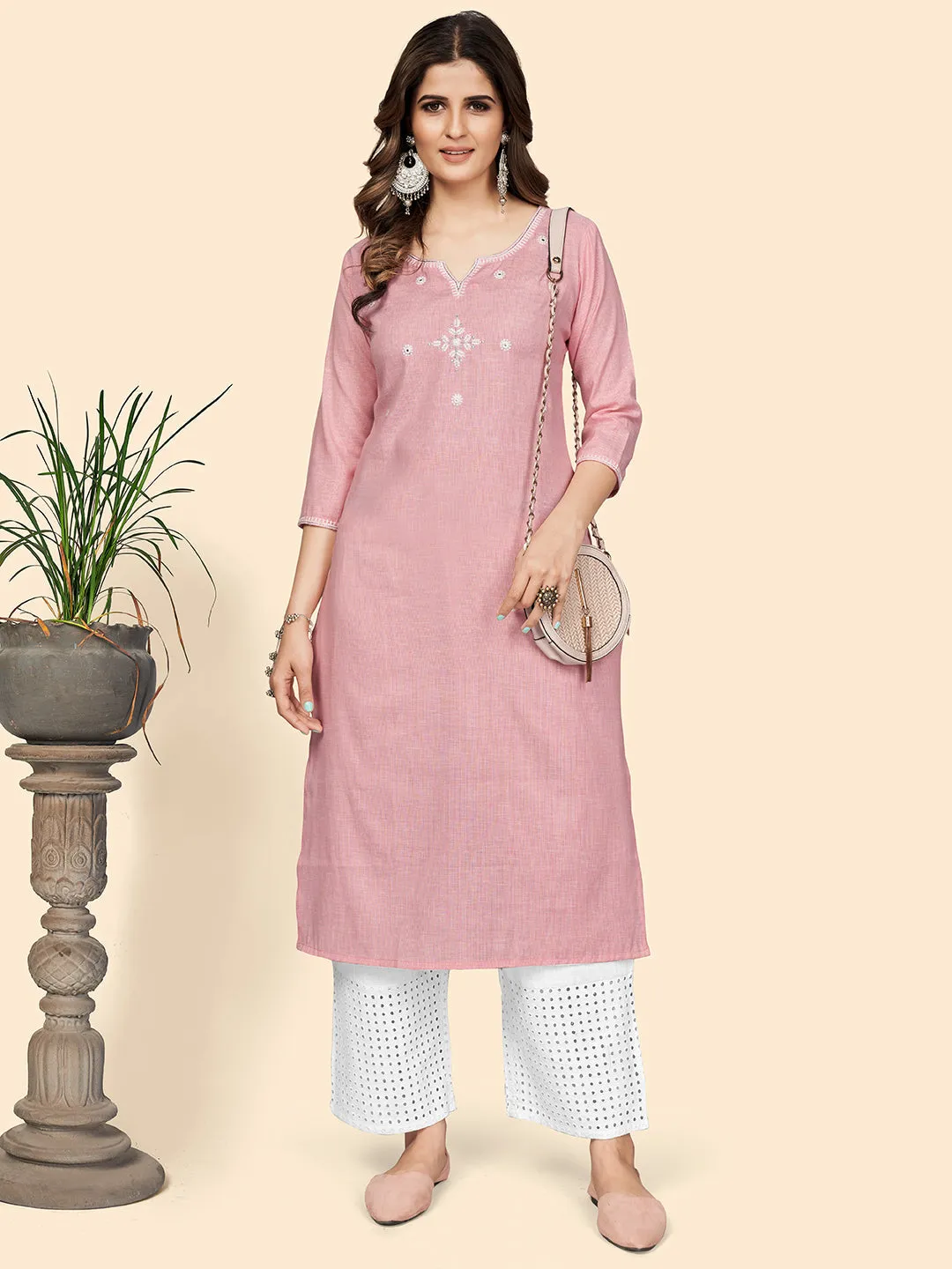 Women'S Solid & Mirror Straight Cotton Baby Pink Stitched Kurta