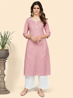 Women'S Solid & Mirror Straight Cotton Baby Pink Stitched Kurta