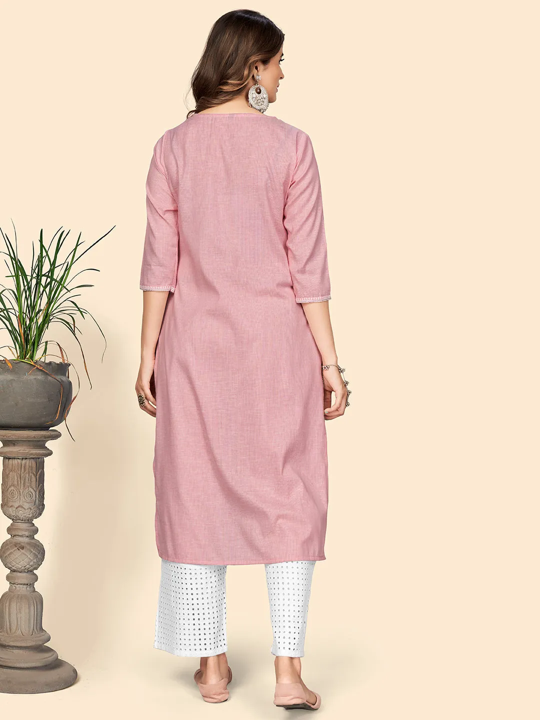 Women'S Solid & Mirror Straight Cotton Baby Pink Stitched Kurta