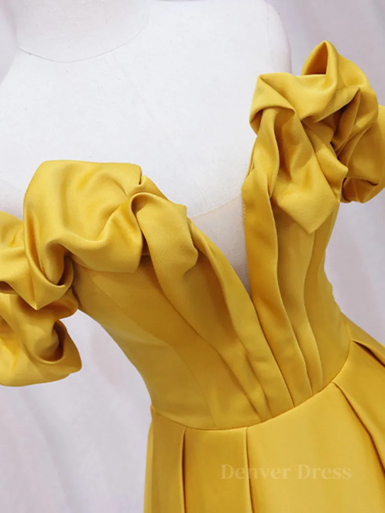 Yellow A-line Satin Long Prom Dress Yellow Formal Dress