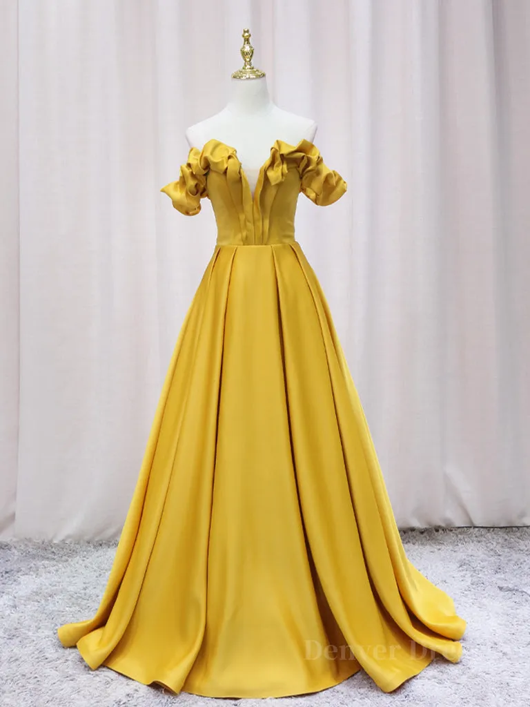 Yellow A-line Satin Long Prom Dress Yellow Formal Dress