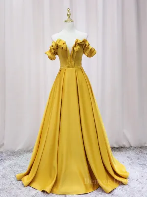 Yellow A-line Satin Long Prom Dress Yellow Formal Dress