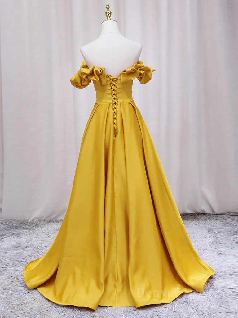 Yellow A-line Satin Long Prom Dress Yellow Formal Dress